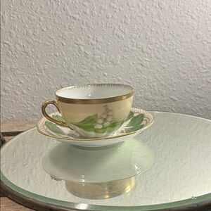 Gold and Green Floral Teacup and Saucer Set